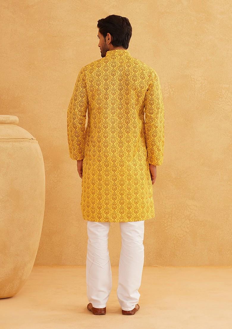 Mustard Ethnic Motifs Cotton Kurta Set For Men