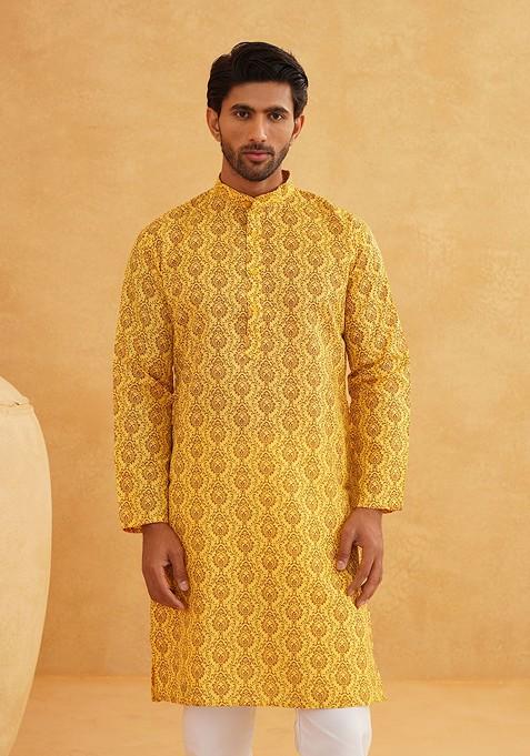 Mustard Ethnic Motifs Cotton Kurta Set For Men