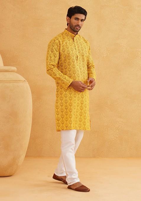 Mustard Ethnic Motifs Cotton Kurta Set For Men