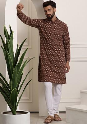 Brown Printed Cotton Kurta Set For Men