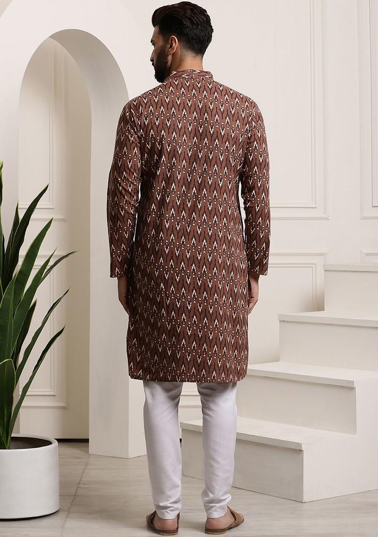Brown Printed Cotton Kurta Set For Men