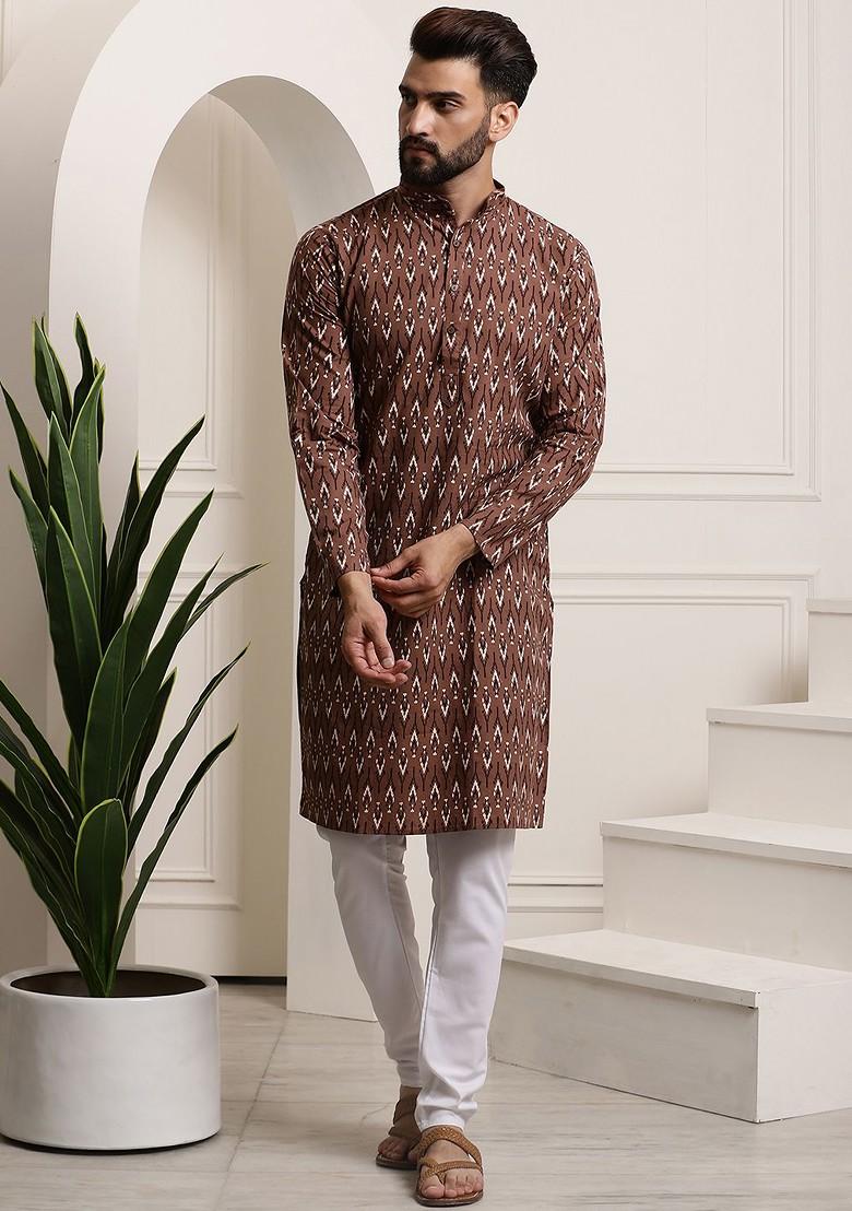 Brown Printed Cotton Kurta Set For Men