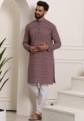 Brown Printed Cotton Kurta Set For Men