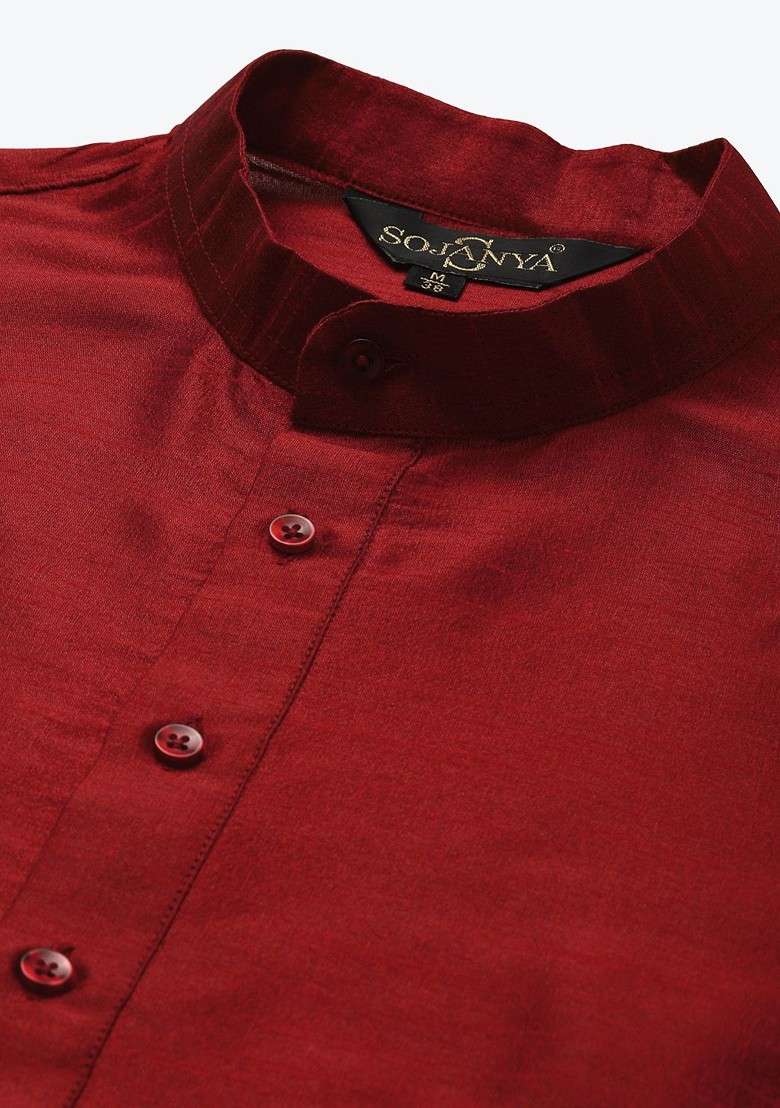 Maroon Solid Cotton Kurta Set For Men - Indya