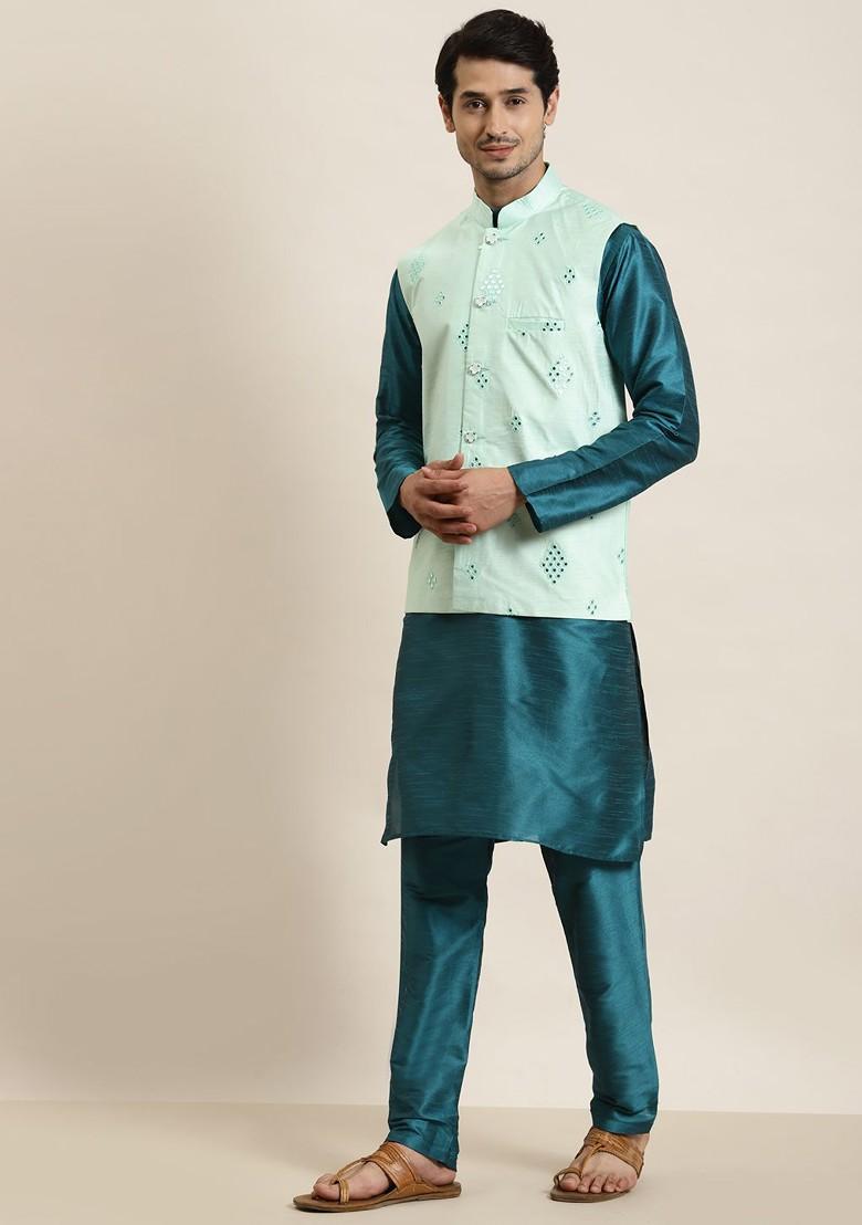 Teal Blue Solid Cotton Kurta Set For Men