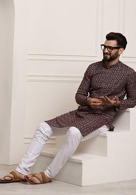 Black Ethnic Motifs Cotton Kurta Set For Men