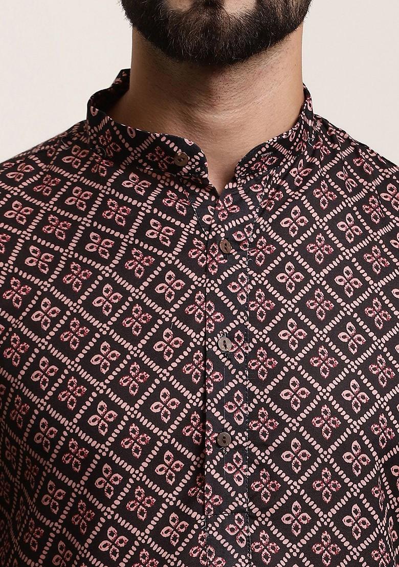 Black Ethnic Motifs Cotton Kurta Set For Men