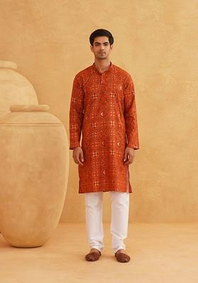 Orange Printed Cotton Kurta Set For Men