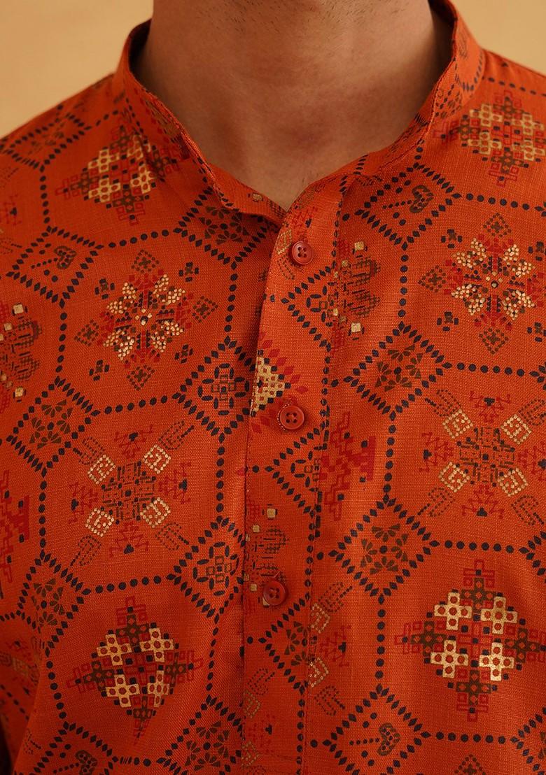Orange Printed Cotton Kurta Set For Men