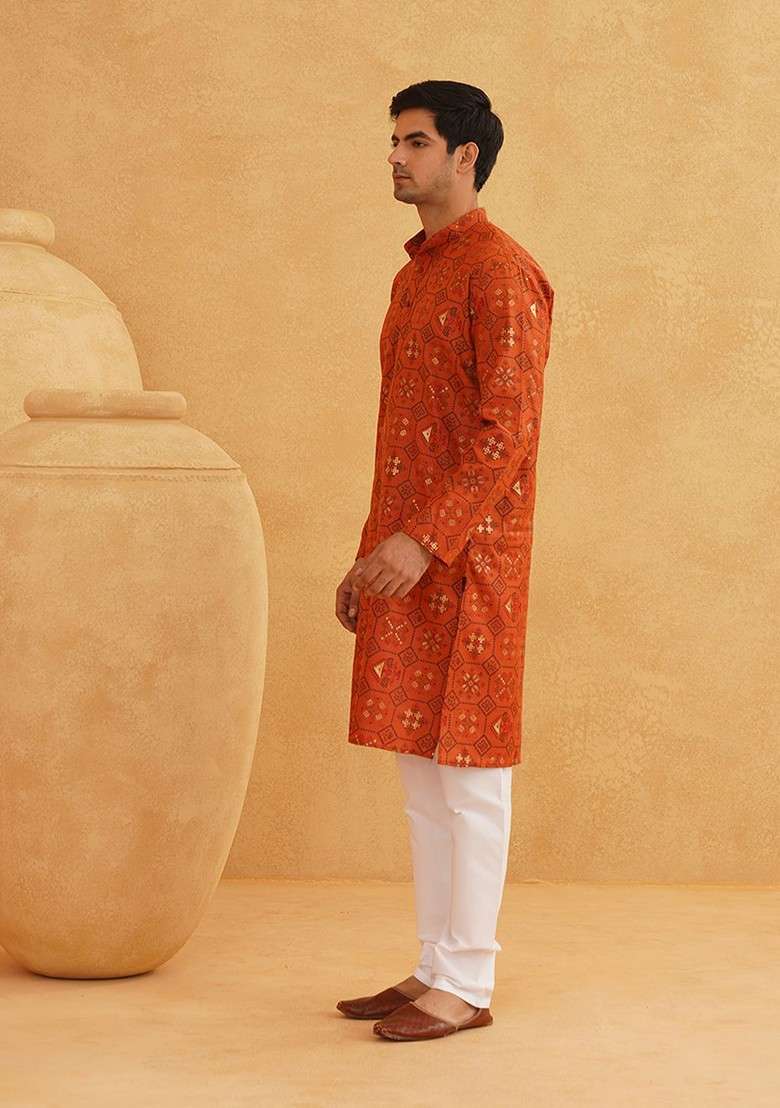 Orange Printed Cotton Kurta Set For Men - Indya