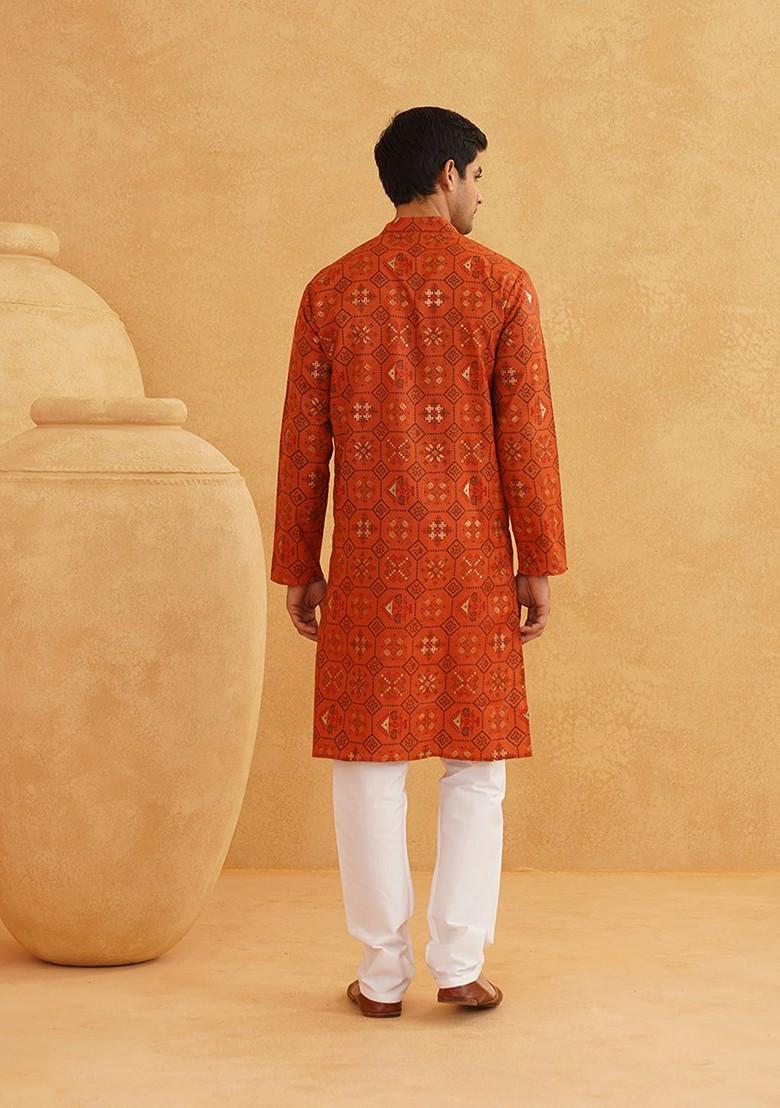 Orange Printed Cotton Kurta Set For Men