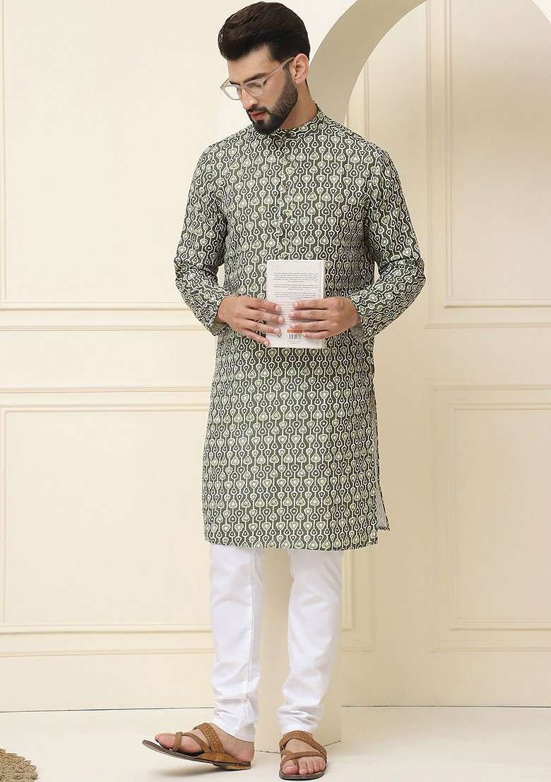 Green Printed Cotton Kurta Set For Men - Indya