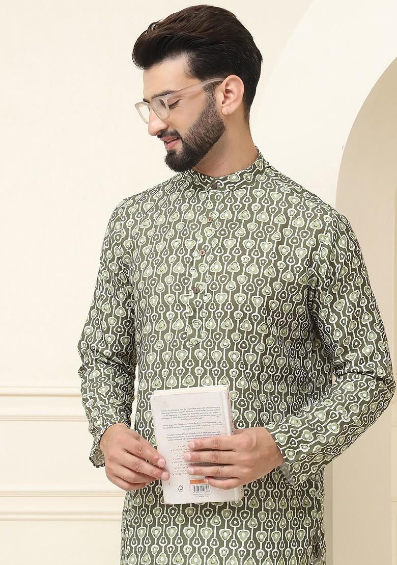 Green Printed Cotton Kurta Set For Men