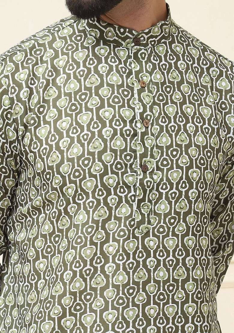 Green Printed Cotton Kurta Set For Men - Indya