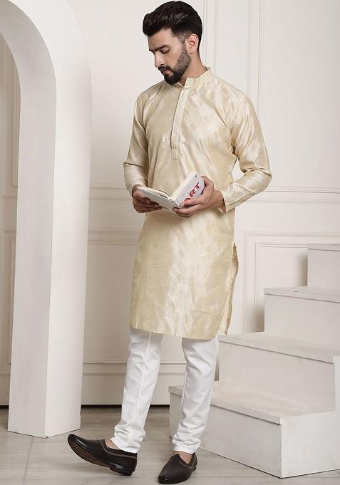 Gold Solid Silk Kurta Set For Men