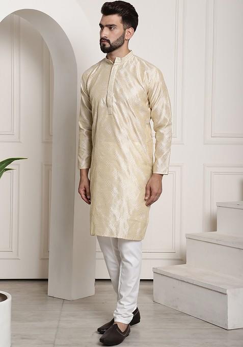 Gold Solid Silk Kurta Set For Men