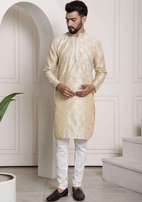 Gold Solid Silk Kurta Set For Men
