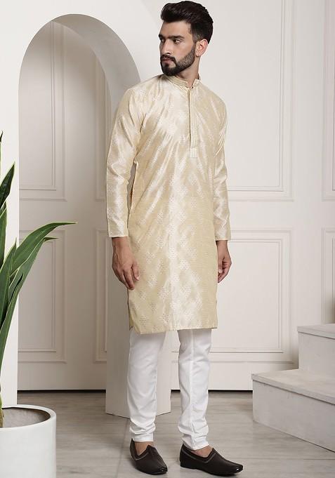 Gold Solid Silk Kurta Set For Men