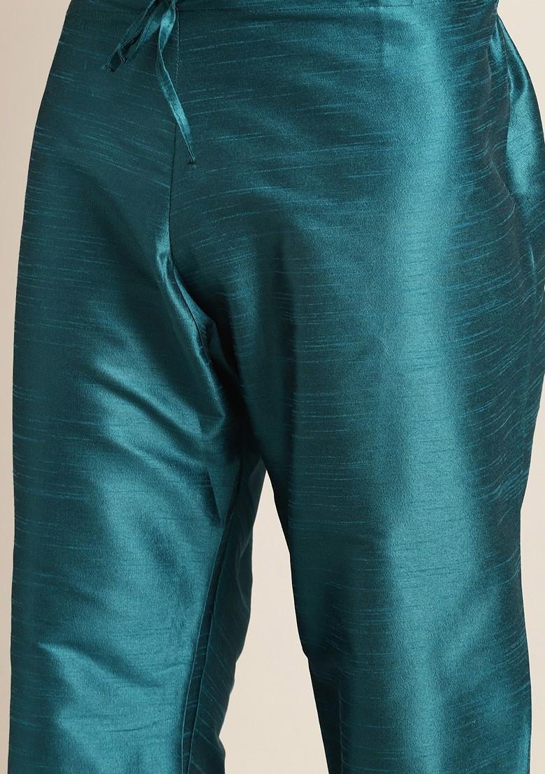 Teal Blue Solid Poly Blend Kurta Set For Men