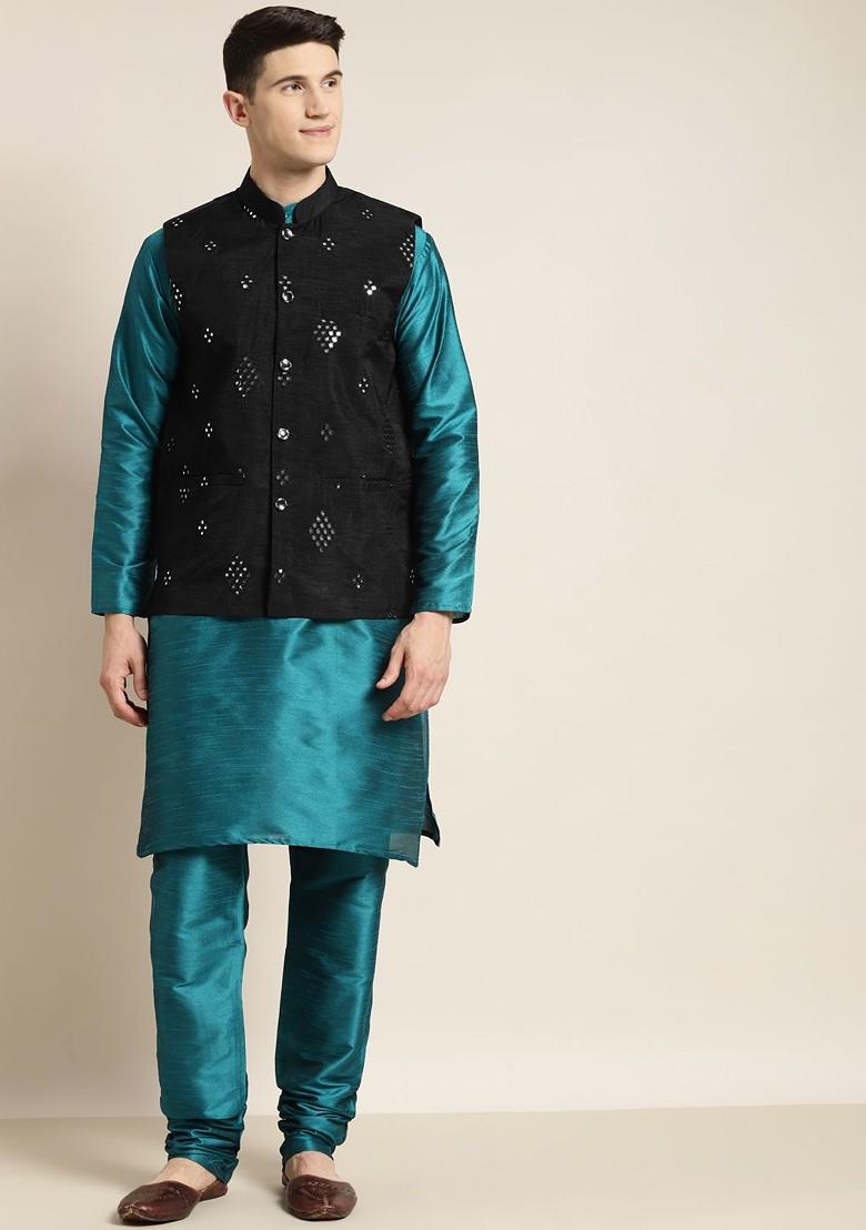Green Solid Cotton Kurta Set For Men