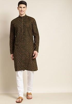 Black Printed Cotton Kurta Set For Men