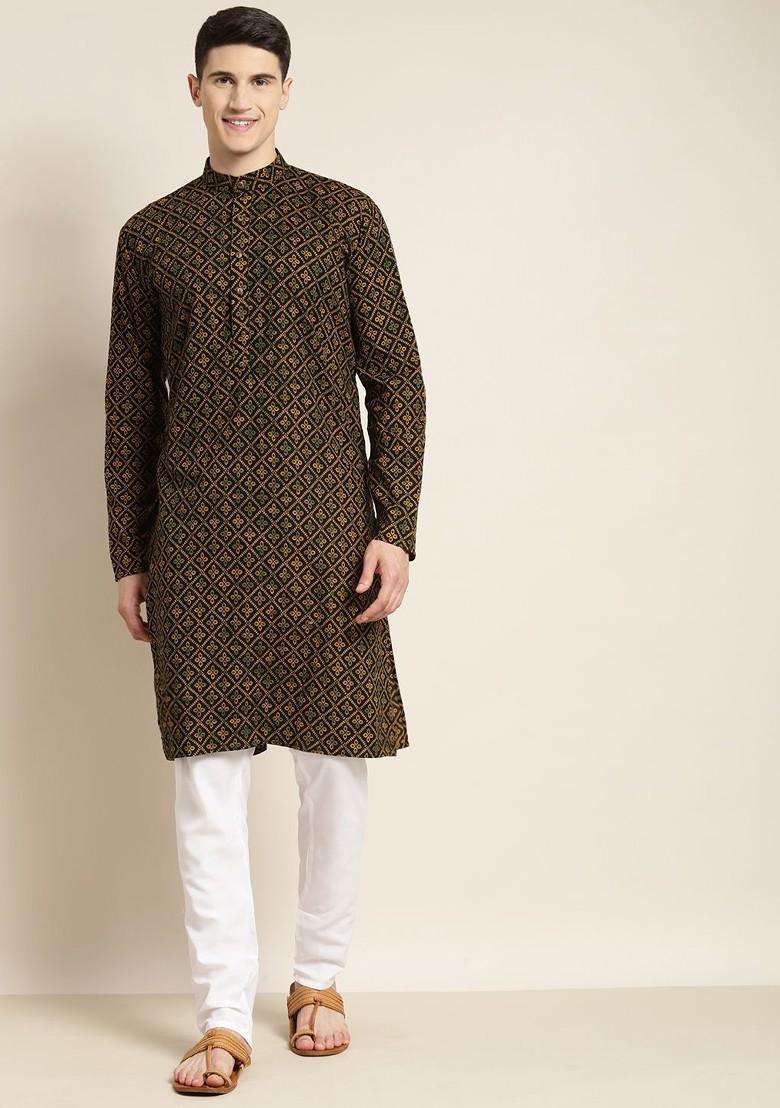 Black Printed Cotton Kurta Set For Men