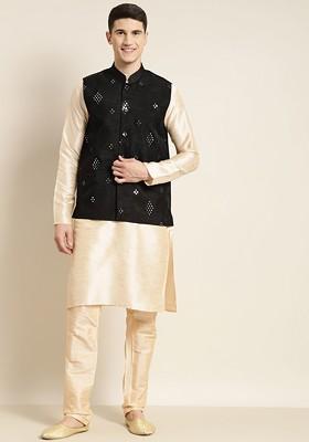 Cream Mirror Work Poly Blend Kurta Set For Men