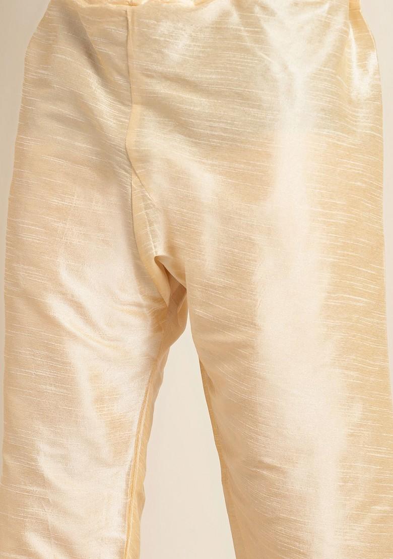 Cream Mirror Work Poly Blend Kurta Set For Men