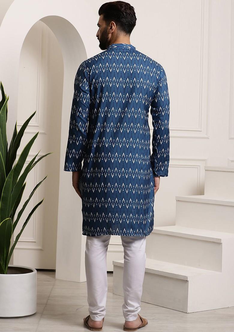 Navy Blue Printed Cotton Kurta Set For Men