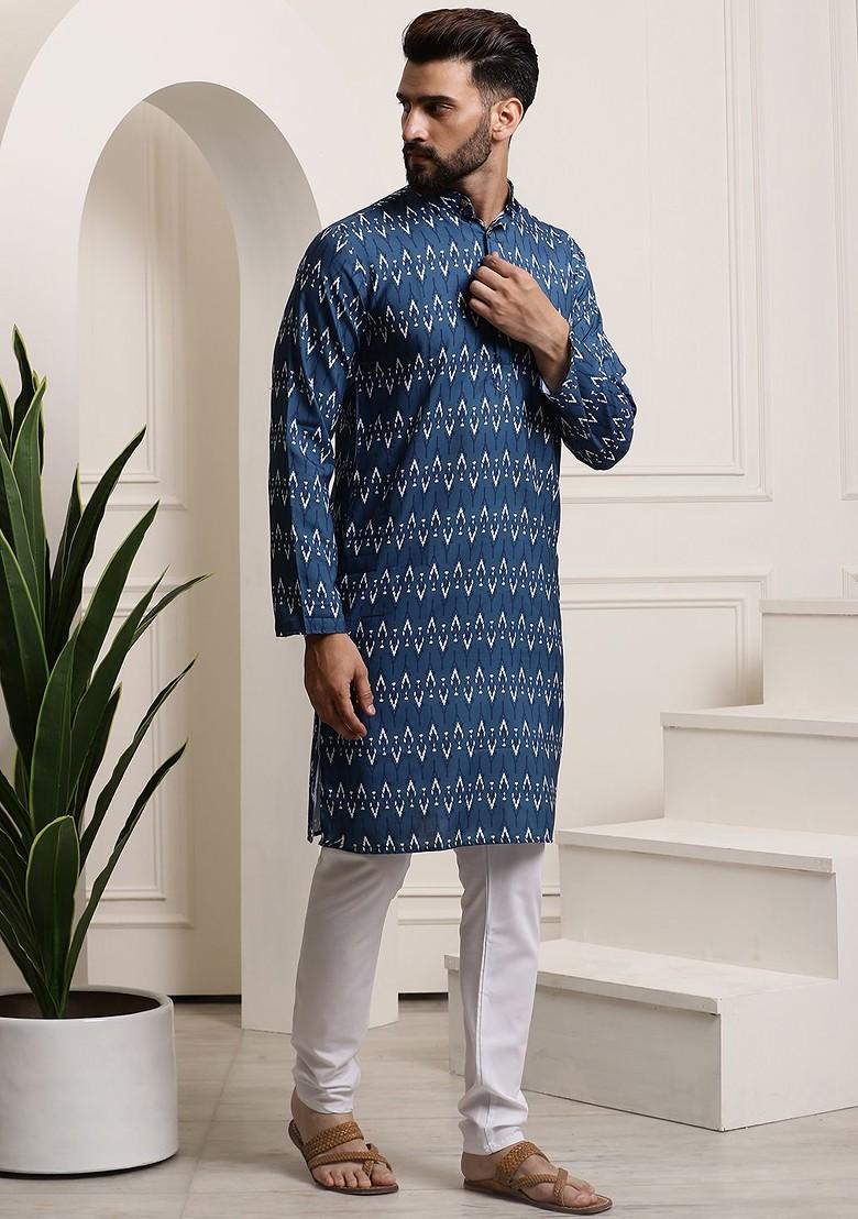 Navy Blue Printed Cotton Kurta Set For Men