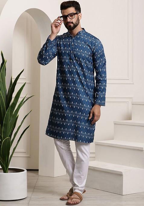 Navy Blue Printed Cotton Kurta Set For Men