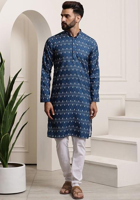 Navy Blue Printed Cotton Kurta Set For Men
