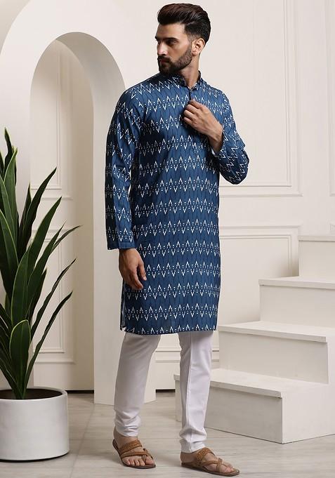 Navy Blue Printed Cotton Kurta Set For Men