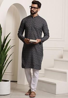 Black Printed Cotton Kurta Set For Men