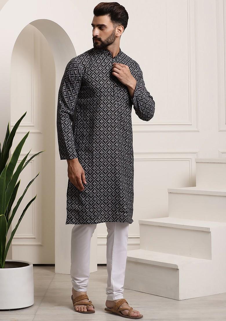 Black Printed Cotton Kurta Set For Men