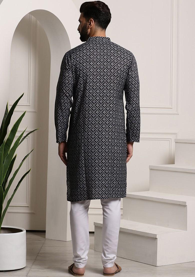 Black Printed Cotton Kurta Set For Men