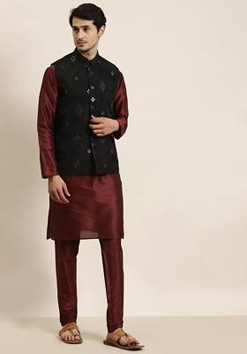 Maroon Mirror Work Poly Blend Kurta Set For Men