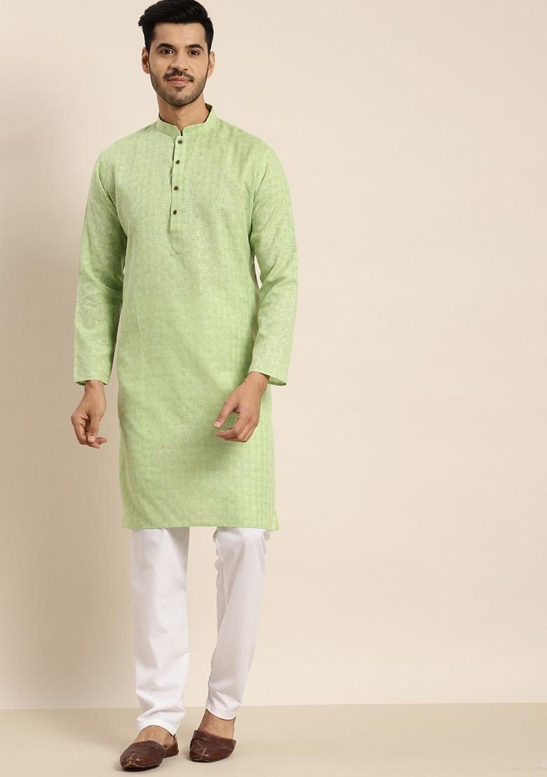 Green Solid Poly Blend Kurta Set For Men
