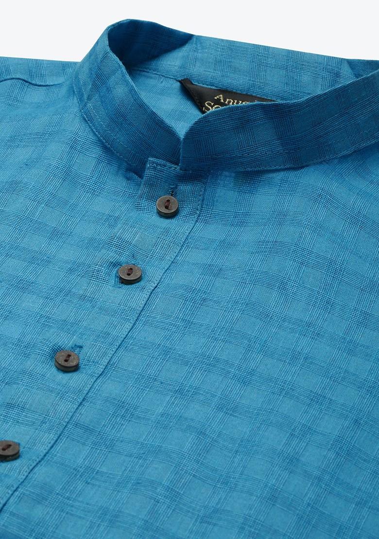 Blue Solid Poly Blend Kurta Set For Men