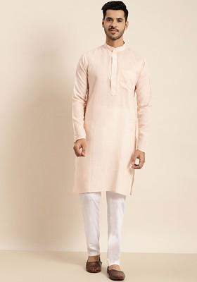 Peach Solid Poly Blend Kurta Set For Men