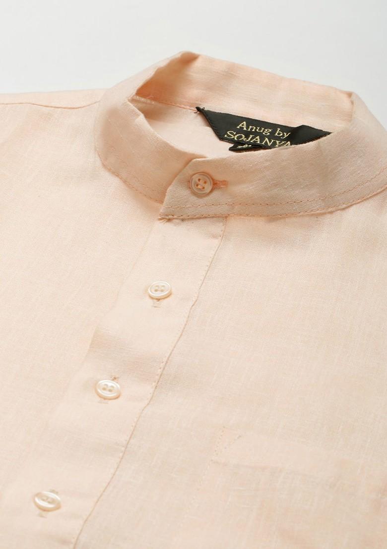 Peach Solid Poly Blend Kurta Set For Men