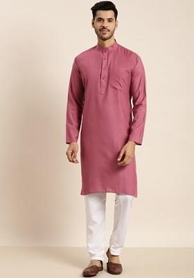 Coral Pink Solid Poly Blend Kurta Set For Men