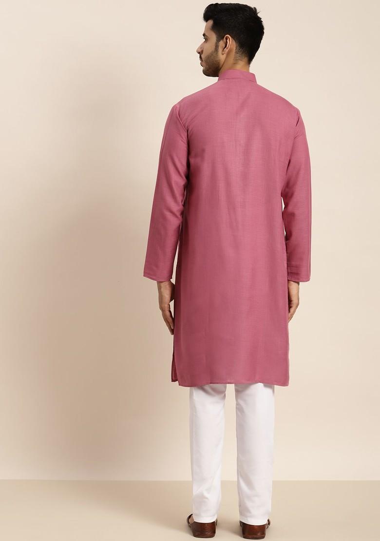 Coral Pink Solid Poly Blend Kurta Set For Men
