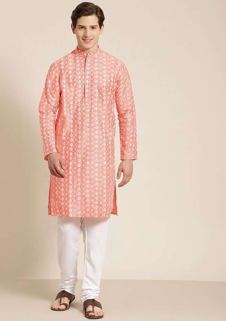 Peach Embroidered Poly Blend Kurta Set For Men - Indya