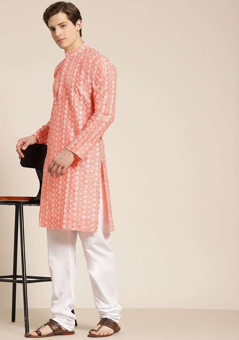 Peach Embroidered Poly Blend Kurta Set For Men - Indya