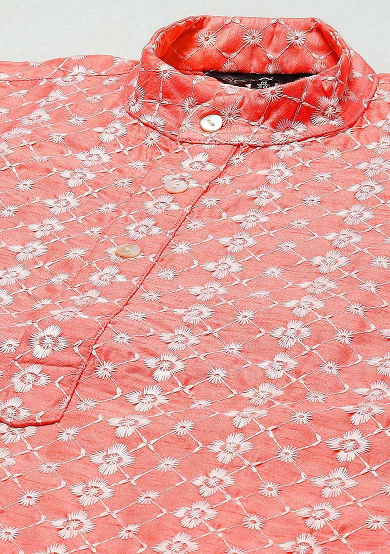 Peach Embroidered Poly Blend Kurta Set For Men - Indya