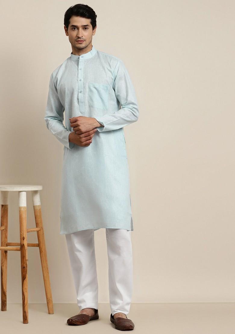 Turquoise Blue Solid Poly Blend Kurta Set For Men
