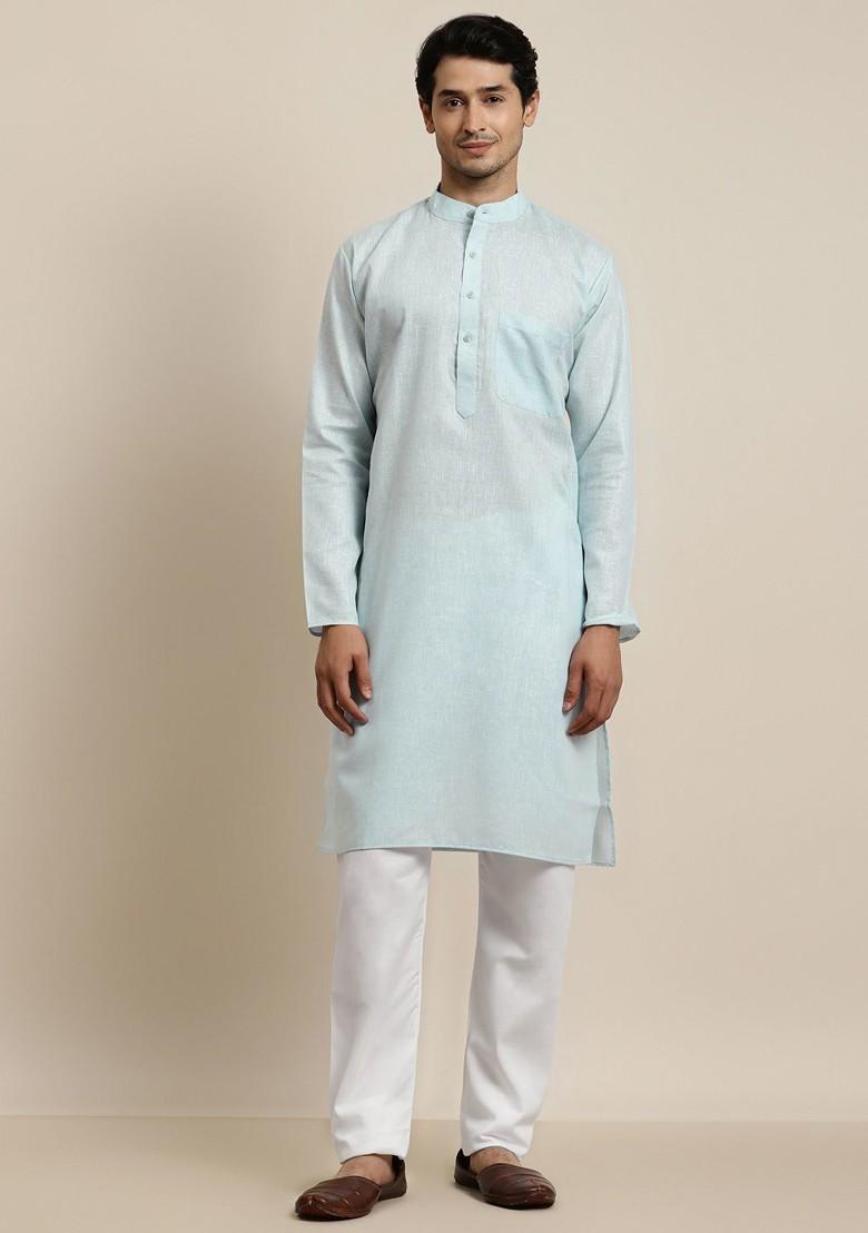 Turquoise Blue Solid Poly Blend Kurta Set For Men