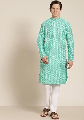 Turquoise Blue Embroidered Poly Blend Kurta Set For Men