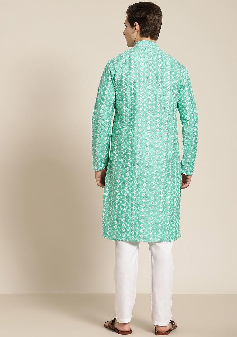 Turquoise Blue Embroidered Poly Blend Kurta Set For Men
